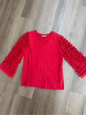 Chico's Bright Red V-Neck Top with Tiered Ruffle Sheer Sleeves